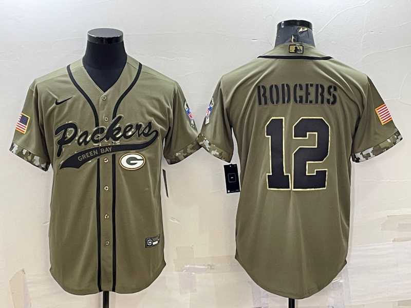 Mens Green Bay Packers #12 Aaron Rodgers Olive 2022 Salute to Service Cool Base Stitched Baseball Jersey->green bay packers->NFL Jersey